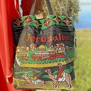 Vtg Jerusalem Beaded Travel Tote Souvenir Boho 70s
